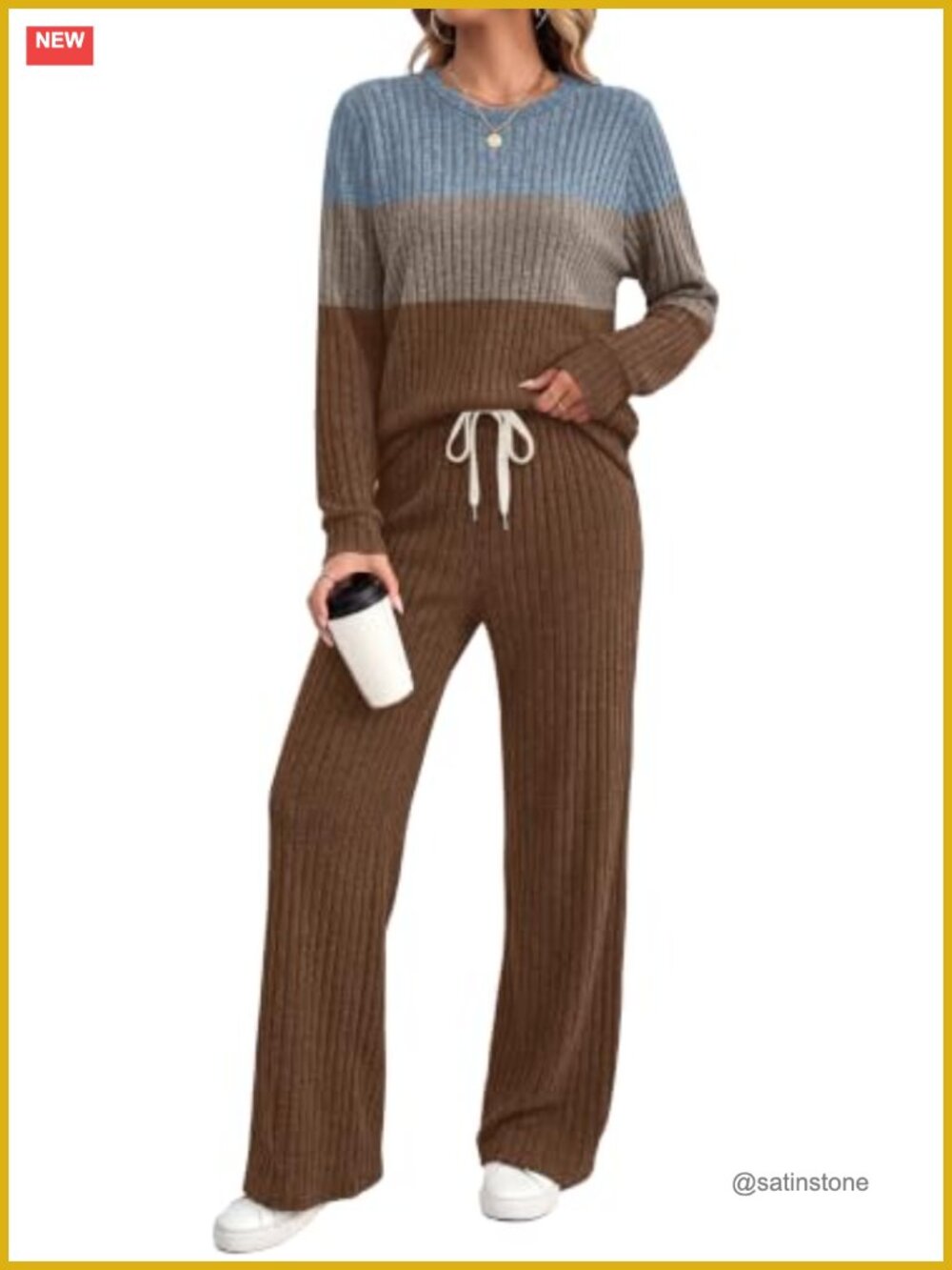 Sipaya 2 Piece Lounge Set Ribbed Knit Long Sleeve Crew Neck Pajama Set for Women